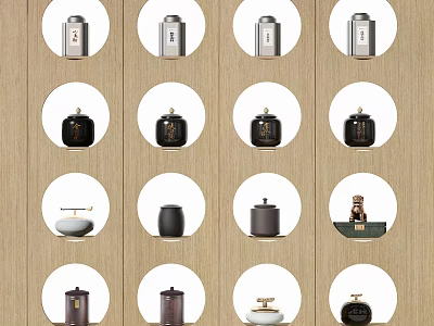 Various Traditional Storage Containers In Circular Displays On Wooden Wall 3d model