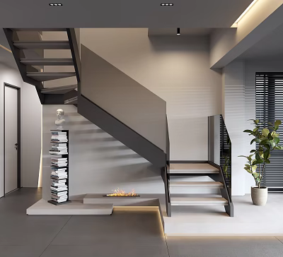 Modern Interior Gray Staircase with Black Railings Stacked Books Fireplace and Green Plant 3d model