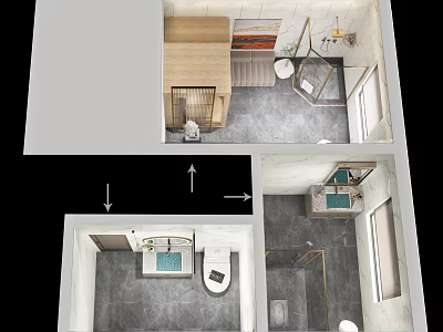 Modern Bathroom Birds Eye View Interior Layout With Vanity Toilet And Shower Area 3d model