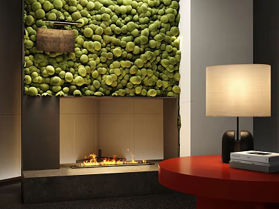 Hotel Public Lounge With Green Plant Wall Fireplace Red Round Table And Table Lamp 3d model