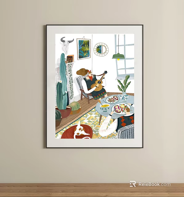 Abstract Painting Featuring Indoor Scene with Guitar Player Dining Table Cat and Green Plants 3d model