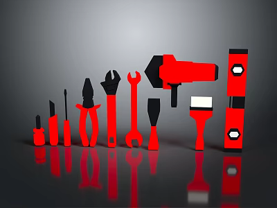 Assorted Red Hardware Tools Including Wrench Pliers Hammer Tape Measure in Organized 3d model
