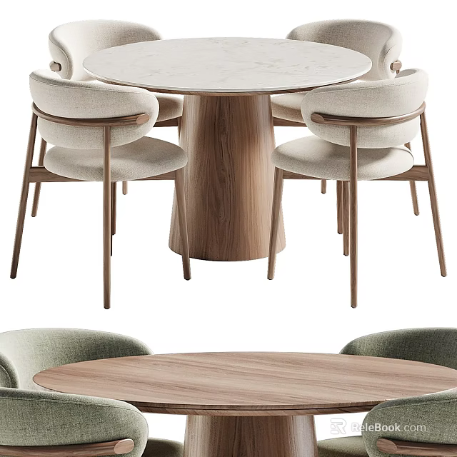 Modern Round Dining Table Set With Wooden Legs And Upholstered Chairs 3d model 