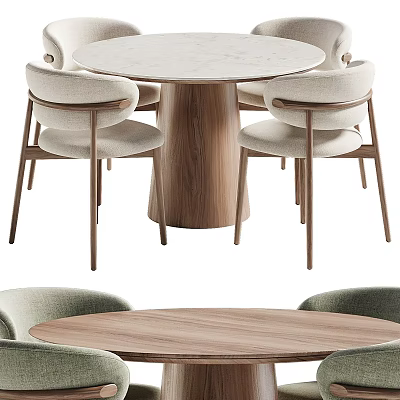 Modern Round Dining Table Set With Wooden Legs And Upholstered Chairs 3d model