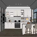 Modern White Kitchen Interior With Cabinets Island Counter Bar Stools And Large Window