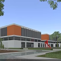 Modern Industrial Factory Building With Orange White Facade Glass Windows Green Surroundings And Red Sculpture