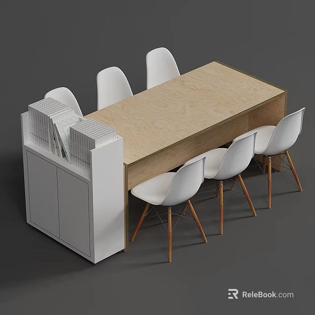 Minimalist Exhibition Desk and White Chairs with Wooden Tabletop and Side Cabinet 3d model 