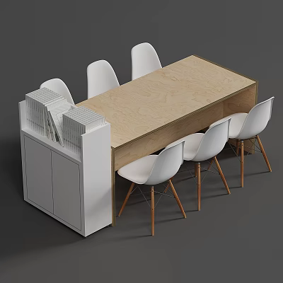 Minimalist Exhibition Desk and White Chairs with Wooden Tabletop and Side Cabinet 3d model