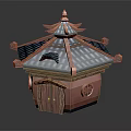 Traditional Building With Tile Roof Wooden Door Curved Eaves And Decorative Symbol