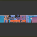 Colorful Cartoon Neighborhood Scene With Various Colored Houses And Basketball Court