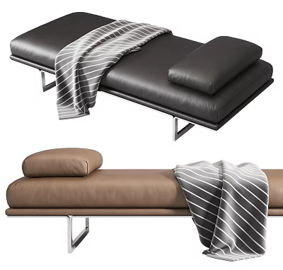 Leather Ottoman Designs with Black Brown Cushions and Striped Blankets 3d model