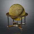 Antique Yellow Globe With Detailed Map On Decorative Wooden Stand And Carved Columns