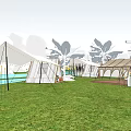 Beautiful Camping Campsite With Tents String Lights Green Grass And Palm Trees