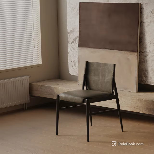 Stylish Gray Leather Leisure Chair With Black Legs Near Window And Wall Artwork 3d model 