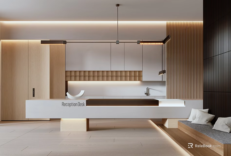 Modern Front Desk Reception Area With Sleek Counter Wooden Decor And Soft Lighting 3d model 