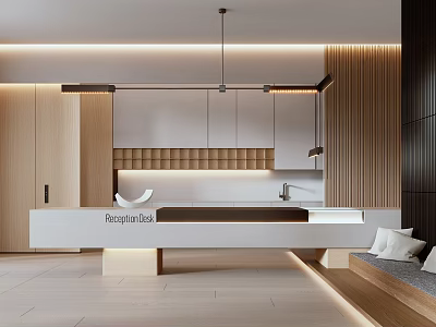 Modern Front Desk Reception Area With Sleek Counter Wooden Decor And Soft Lighting 3d model