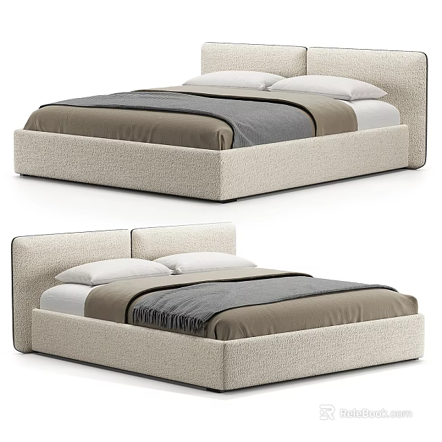 Upholstered Double Bed With Beige Fabric And Gray Bedding For Modern Bedroom Interior 3d model 