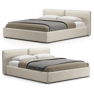 Upholstered Double Bed With Beige Fabric And Gray Bedding For Modern Bedroom Interior 3d model
