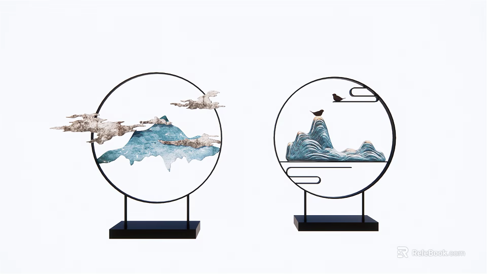 Decorative Ornament Set With Circular Frames Chinese Landscape Clouds Mountains And Bird 3d model 