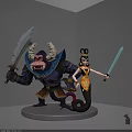 Mythical Snake Tailed Female Character Standing With Horned Monster Holding Swords