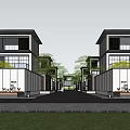 Modern Townhouse Exterior Two Story Design Floor to Ceiling Windows Lush Trees Stone Path