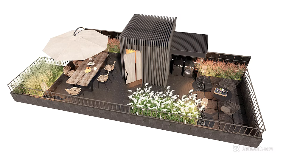 Roof Garden Terrace With Outdoor Dining Set Umbrella Greenery And Cozy Seating Area 3d model 