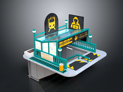 Subway Station Entrance Structure With Green Railings Yellow Signs And Lamp Posts 3d model