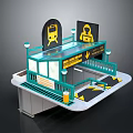 Subway Station Entrance Structure With Green Railings Yellow Signs And Lamp Posts