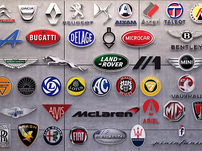 Various Famous Car Brand Logos Collection Showcasing Luxury Automotive Emblems 3d model