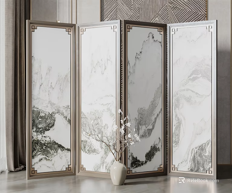 Four Panel Chinese Screen With Landscape Pattern And Marble Texture Metal Frame 3d model