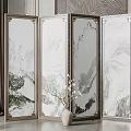 Four Panel Chinese Screen With Landscape Pattern And Marble Texture Metal Frame