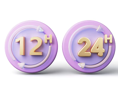 Purple Circular 12H and 24H Time Icons With Surrounding Arrow Rings Design 3d model