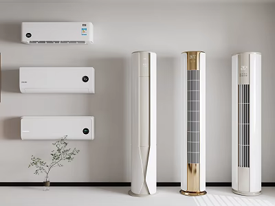 Modern Home Interior with Wall Mounted Standing Air Conditioners and Fans White Design 3d model