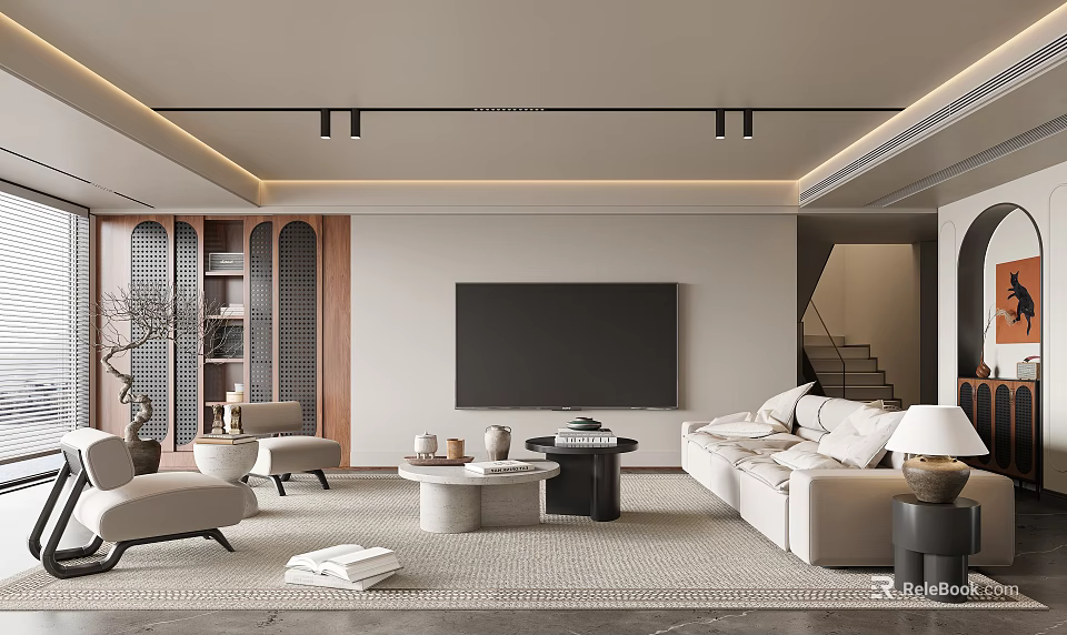 Modern Living Room Interior Design With Large TV Sofa Coffee Table And Decorative Lights 3d model 