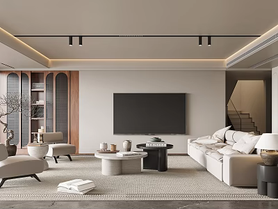 Modern Living Room Interior Design With Large TV Sofa Coffee Table And Decorative Lights 3d model
