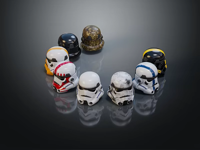 Multiple Stormtrooper Helmets With Various Designs And Colors Arranged In Circle On Dark Background 3d model