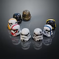 Multiple Stormtrooper Helmets With Various Designs And Colors Arranged In Circle On Dark Background