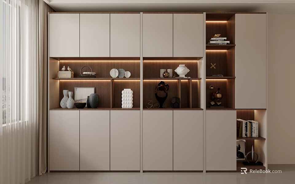 Modern Decorative Cabinet with Shelves LED Lighting Showcasing Vases Plates and Art Decor 3d model 