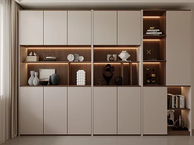 Modern Decorative Cabinet with Shelves LED Lighting Showcasing Vases Plates and Art Decor 3d model