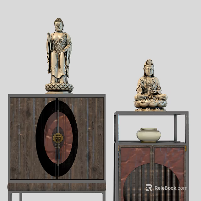 Traditional Buddha Sculpture Carving Art With Seated Standing Figures On Wooden Display Cabinets 3d model 
