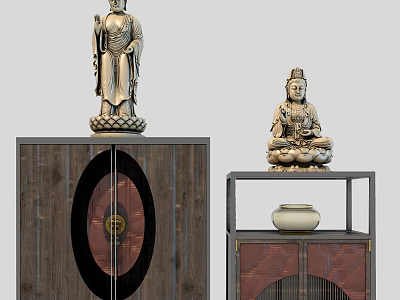 Traditional Buddha Sculpture Carving Art With Seated Standing Figures On Wooden Display Cabinets 3d model