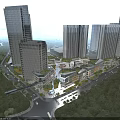 Aerial Planning View of Urban High Rise Buildings With Tree Lined Road And Greenery