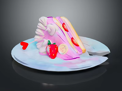 Delicious Pink Cake Slice With Fresh Strawberries And Cream On Plate 3d model