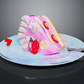 Delicious Pink Cake Slice With Fresh Strawberries And Cream On Plate