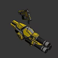 Futuristic Dual Barrel Weapon with Yellow Silver Design and Detailed Top Mounted Part