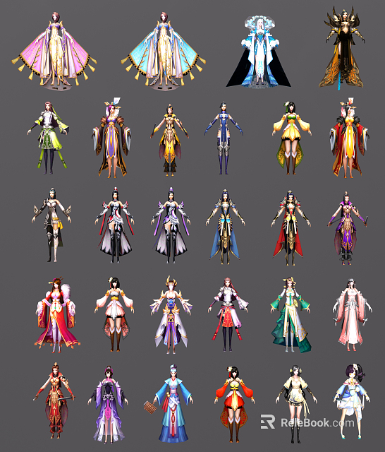Game Film Characters In Various Colorful Costumes With Different Styles And Designs 3d model 