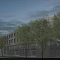 Modern Multi Storey Office Building With Large Glass Windows Green Lawn And Trees