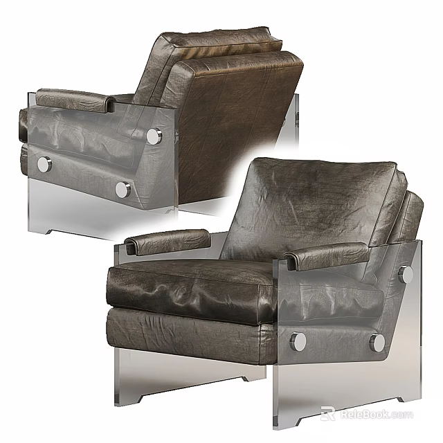 Modern Brown Leather Single Sofa with Metal Legs and Comfortable Armrests 3d model 