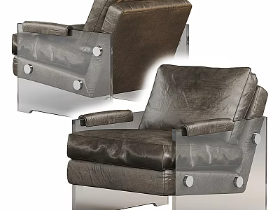 Modern Brown Leather Single Sofa with Metal Legs and Comfortable Armrests 3d model