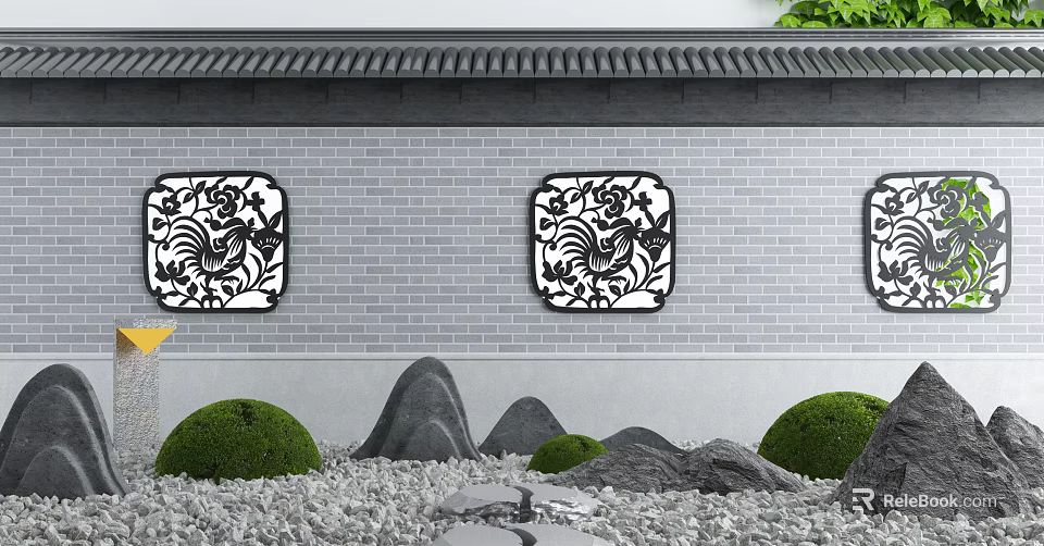 Gray Brick Scenic Wall with Square Hollow Carved Decor Panels Green Shrubs and Gravel Ground 3d model 